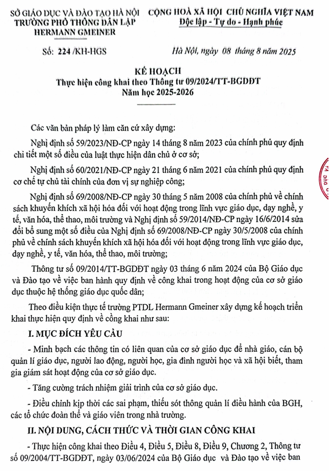 Kế hoạch thực hiện công khai theo Thông tư 09/2024/TT- BGDDT Năm học 2025 - 2026